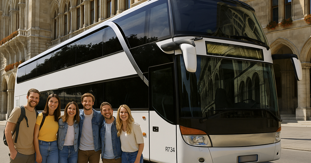 busfahrt-gruppe-touristen-1200×628 Gruppe junger Reisender vor einem modernen Reisebus von Busunternehmen Frankfurt – European Bus Service